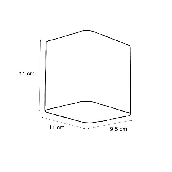 Maßzeichnung eines würfelförmigen Objekts mit den Abmessungen 11 Zentimeter Höhe, 11 Zentimeter Breite und 9,5 Zentimeter Tiefe.