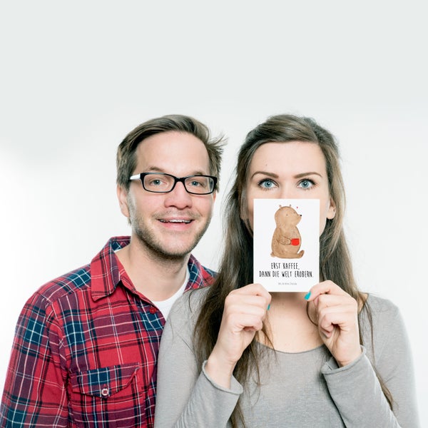Mr. & Mrs. Panda Postkarte Bär Kaffee - Weiß