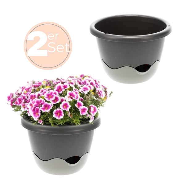 Blumentopfset, zwei Stück, mit Bewässerungssystem und eingesetzten Blumen