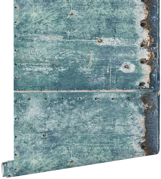 ESTAhome Tapete Metallplatten Türkis und Rostbraun - 53 cm x 10.05 m - 138220