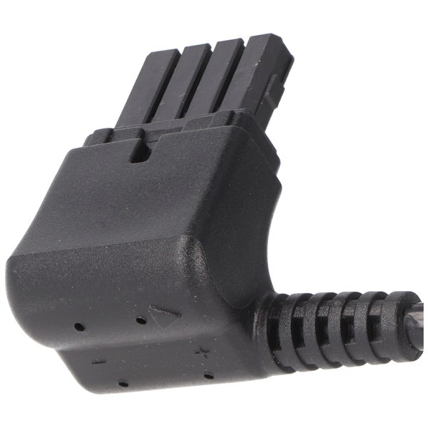 Schwarzer Winkelstecker aus Kunststoff für elektronische Geräte mit vier Kontakten und Zugentlastung.
