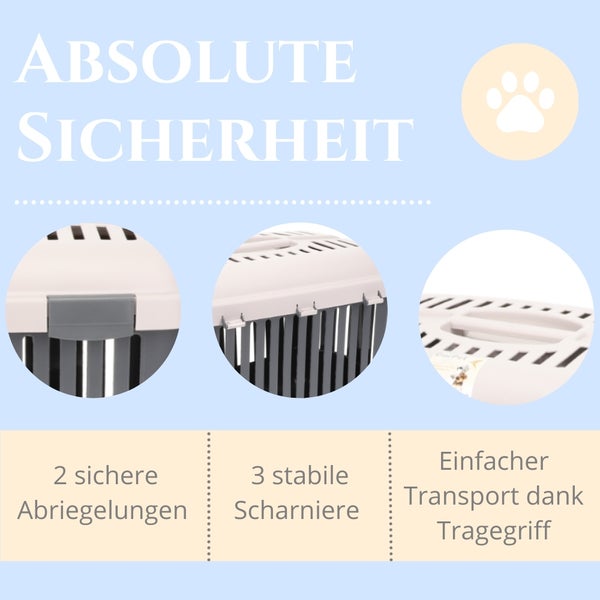 Illustration einer Tiertransportbox mit Fokus auf Sicherheitsmerkmale wie Verschlüsse, Scharniere und Tragegriff