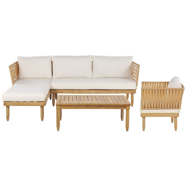 Lounge Set mit Tisch 4-Sitzer CREMONA rechtsseitig Akazienholz Cremeweiß