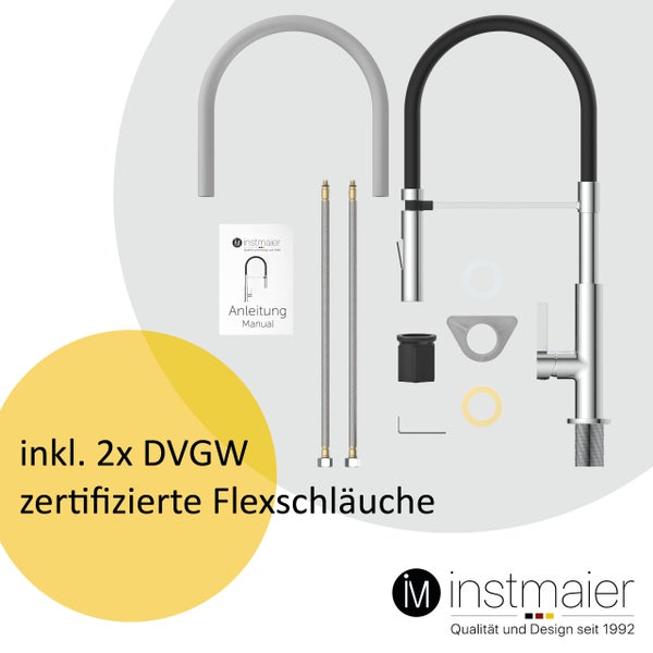 instmaier Küchenarmatur K4 | Flexible Geschirrbrause | Wasserhahn Küche mit 2 Funktionen | Spültischarmatur Chrom / Schwarz | 360° schwenkbar | mit Zentralverschraubung