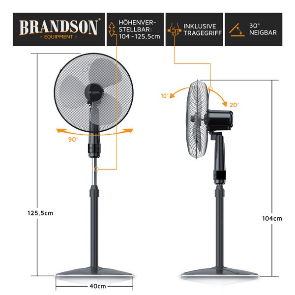 Brandson Standventilator mit Fernbedienung 50W, leise, Ventilator höhenverstellbar, 30° neigbar , 3 Geschwindigkeitsstufen, Oszillation ca. 90°