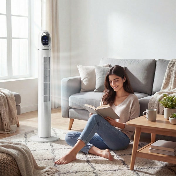 Heller Wohnraum mit weißem Turmventilator. Eine Frau liest ein Buch auf dem Teppich neben einem grauen Sofa und einem Holztisch.