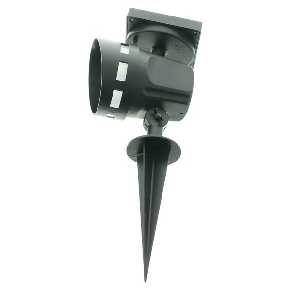 Solar-Gartenstrahler aus schwarzem Kunststoff mit Erdspieß, Solarpanel und verstellbarem Kopf.