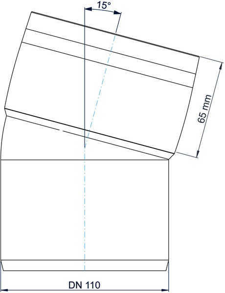 Technische Zeichnung eines Bogens DN 110 mit einem Winkel von 15 Grad und einer Länge von 65 Millimetern.