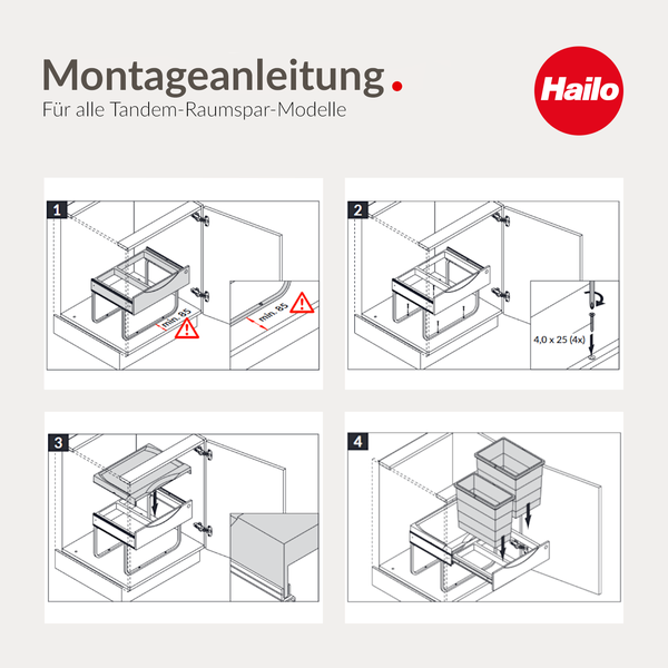 Montageanleitung für Hailo Tandem Raumspar-Modelle mit vier bebilderten Schritten zur Installation eines Abfallsammlers im Unterschrank. Hailo Logo.