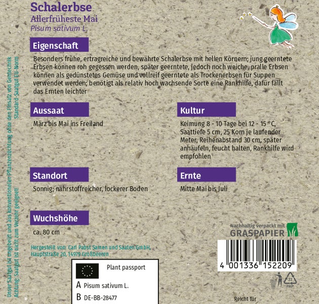 Rückseite der Samenpackung Schalerbse Allerfrüheste Mai mit Anbauinformationen und Symbol für nachhaltige Verpackung aus Graspapier.