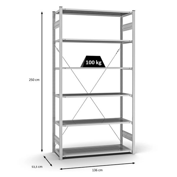 PROREGAL Profi Lagerregal Stecksystem T-Profil Grundregal HxBxT 250 x 130 x 50 cm Fachlast 100 kg Verzinkt