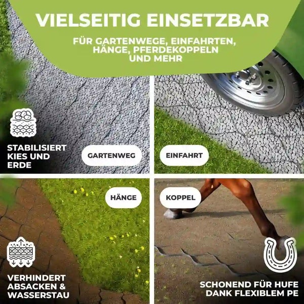Bodenstabilisierungsgitter aus Polyethylen für Gartenwege, Einfahrten, Hänge und Koppeln. Stabilisiert Kies und Erde, verhindert Staunässe.