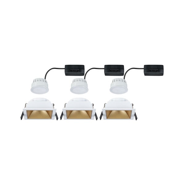 Set aus drei quadratischen LED Einbaustrahlern mit externen Anschlüssen und runden LED Leuchtmitteln für die Deckenmontage