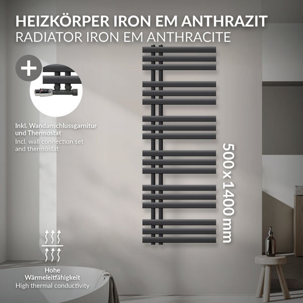 LuxeBath Badheizkörper Iron EM 500x1400 mm Anthrazit Mittelanschluss mit Anschlussgarnitur und Thermostat Eck Wand, Design Heizkörper Bad Heizung Handtuchwärmer Handtuchtrockner Handtuchheizkörper