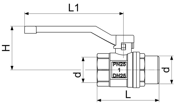 Technische Zeichnung eines Kugelhahns mit Maßen für Höhe, Gesamtlänge, Grifflänge und Durchmesser. PN25 und DN25 sind gekennzeichnet.