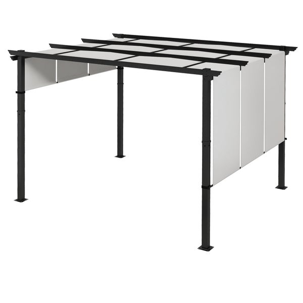 Schwarze Pergola aus Metall mit verstellbarem hellgrauem Stoffdach und Seitenwänden als Sonnenschutz für den Garten.