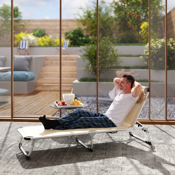 Outsunny Sonnenliege faltbar Gartenliege mit Kopfkissen ergonomisch Relaxliege mit 4-stufig verstellbaren Rückenlehne Alu bis 120 kg belastbar für Garten, Terrasse, Pool, , Strand,Beige