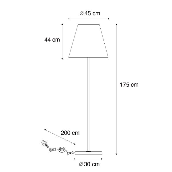 Abbildung der Abmessungen einer Stehlampe mit Lampenschirmdurchmesser 45 cm, Schirmhöhe 44 cm, Lampenhöhe 175 cm, Sockeldurchmesser 30 cm und Kabellänge 200 cm