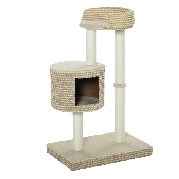 PawHut Katzenbaum Kratzbaum Kletterbaum Katzenkratzbaum, kuschelige Aussichtsplattformen, beige und kaffee, Spanplatte, Plüsch, Jute, 61x41x96 cm