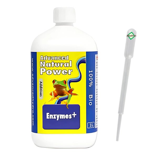 Advanced Natural Power Enzymes plus einhundert Prozent biologischer Pflanzenzusatz ein Liter Flasche mit Weedness Dosierpipette.