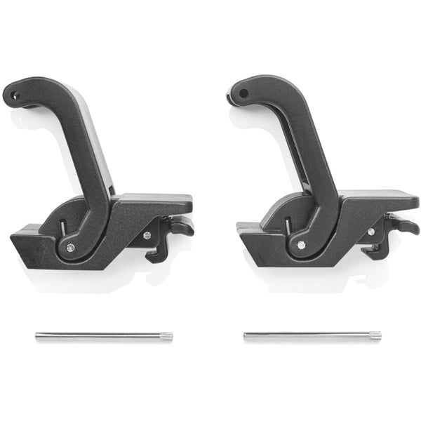 Set bestehend aus zwei schwarzen Kunststoffverschlüssen und zwei Metallstiften für Dachboxen oder Trägersysteme.