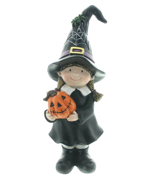 Halloween Dekofigur Mädchen mit Hexenhut und Kürbis
