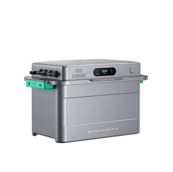Zendure SolarFlow 800 Plus Solarspeicher für Balkonkraftwerke, grauer Akku mit Statusanzeige, Anschlüssen und Zendure Logo.