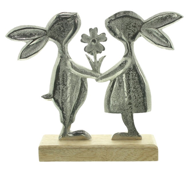 FRANK FLECHTWAREN|Figur Hasenpaar mit Blumen, 24 x 5 x 20 cm, ALUMINIUM, MANGOHOLZ
