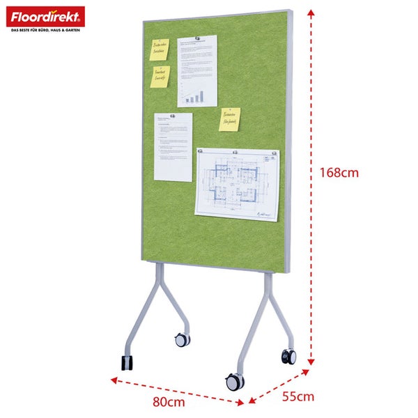 Freistehende, grüne Pinnwand mit Rollen und Aluminiumrahmen, Höhe 168 cm
