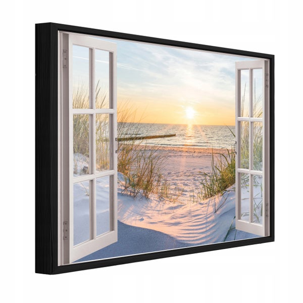 Wandbild mit Fensterrahmen Optik und Strandmotiv bei Sonnenuntergang als Kunstdruck auf Leinwand.