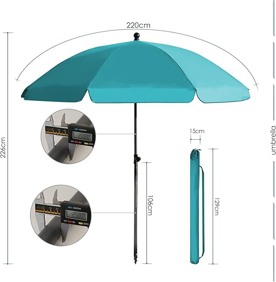 RESCH Sonnenschirm für Strand Türkis, Ø 200 cm, Gartenschirm, UV-Schutz bis UPF 50+, knickbar, Sonnenschutz Balkon, tragbar, Schirmrippen aus Glasfaser