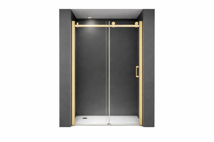 Zweiteilige Schiebetür für Duschnische mit klarem Glas und goldfarbenen Profilen und Griff.