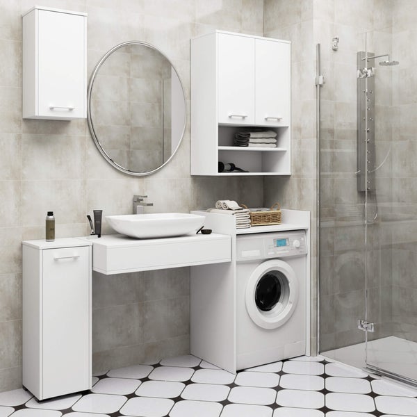 Modernes Badezimmer mit Waschmaschine, Waschtisch, Spiegelschrank und Dusche