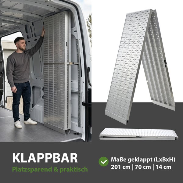 Klappbare Auffahrrampe aus Aluminium, platzsparend im Transporter verstaubar, Maße zusammengeklappt 201 cm mal 70 cm mal 14 cm.