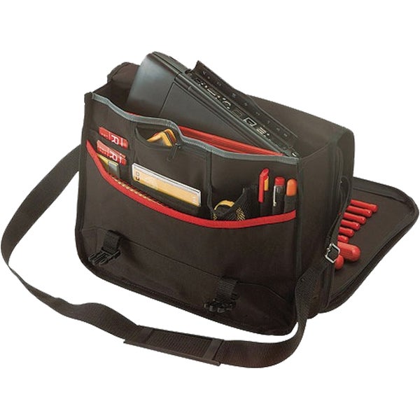 Werkzeugtasche und Laptoptasche mit Schultergurt, zahlreichen Innenfächern für Werkzeuge, Unterlagen und ein Notebook.