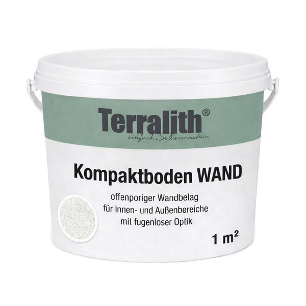 Terralith Kompaktboden WAND Wandbelag für innen und außen, offenporig für fugenlose Optik, Eimer für 1 Quadratmeter.