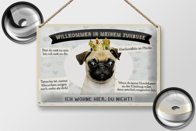 Blechschild Spruch 30x20cm Tiere Mops willkommen wohne hier