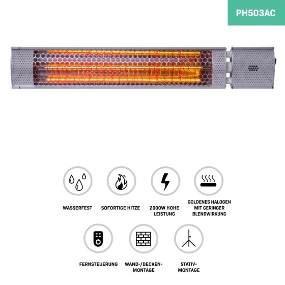 Infrarot-Heizstrahler 2000 Watt, wasserfest, sofortige Wärme, blendungsarmes Halogen, Fernbedienung, Wand-, Decken- und Stativmontage.