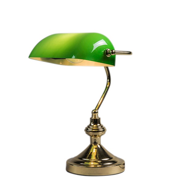 Grüne Schreibtischlampe im Banker-Stil mit goldfarbenem Sockel