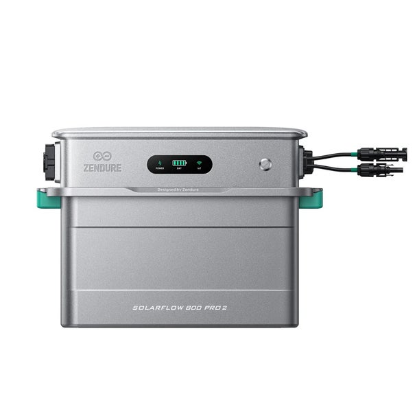 Zendure SolarFlow 800 Pro 2 Speicher in Grau mit Zendure Logo, digitalem Display für Leistung und Batteriestatus sowie seitlichen Anschlüssen.