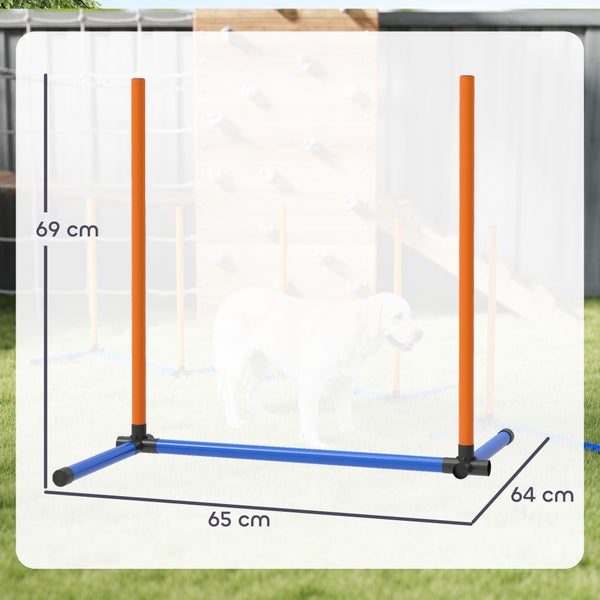 Agility-Hürde für Hunde mit blauer Basis und orangefarbenen Stangen, Maße: Höhe 69 Zentimeter, Breite 65 Zentimeter, Tiefe 64 Zentimeter.