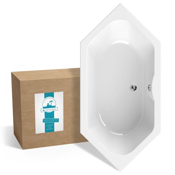 Sechseckige Badewanne in Weiß mit passendem Versandkarton und Calmwaters Logo.