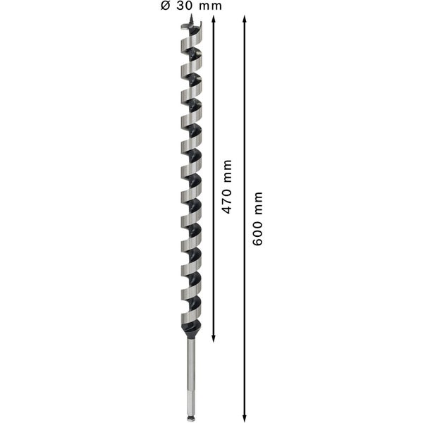 Holzspiralbohrer mit Durchmesser 30 Millimeter, Arbeitslänge 470 Millimeter und Gesamtlänge 600 Millimeter.