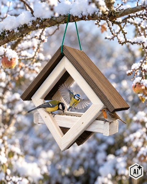 Hängendes hölzernes Vogelhaus an einem verschneiten Ast mit verschiedenen Vögeln im Winter.