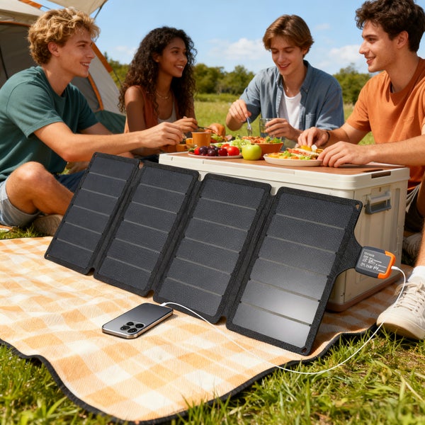 Faltbares Solarpanel lädt ein Smartphone auf einer Decke im Freien auf, während eine Gruppe junger Leute im Hintergrund gemeinsam isst.
