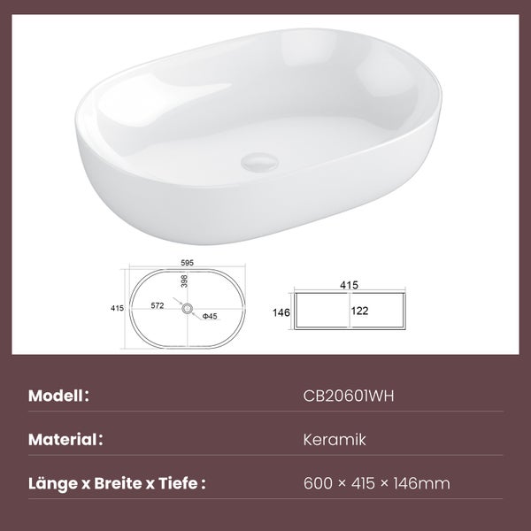 EMKE Aufsatzwaschbecken, Ovales Waschbecken 600 x 415 mm, Glänzend Weiß, Keramik, Ohne Hahnloch, Pflegeleicht, Antibakteriell & Feuchtigkeitsbeständig, Für Bad & WC, Höhe 146 mm
