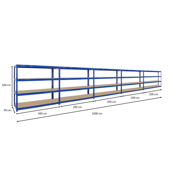 PROREGAL Mega Deal 5x Schwerlastregal Dino HxBxT 180 x 200 x 60 cm Fachlast 600 kg Blau