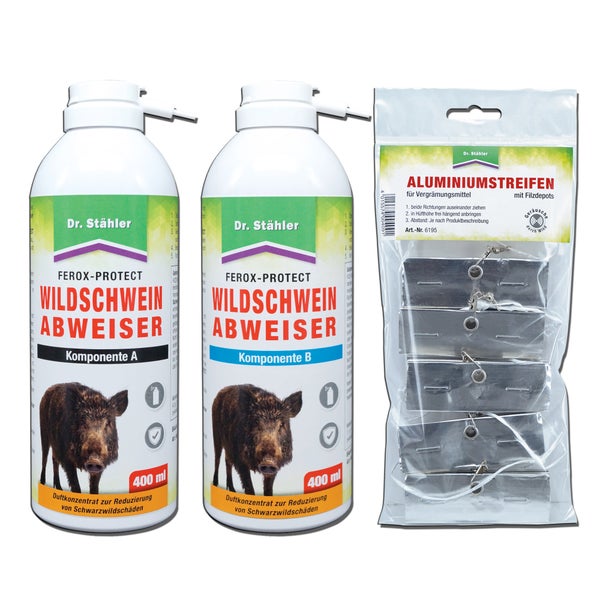 Ferox-Protect Wildschweinabweiser Spray-Set zur Wildschweinabwehr mit Duft- und Geräuschbarriere, 2 Sprays + 5 Aluminiumstreifen mit Filzdepot, Schutz für Garten, Feld, Waldrand, Zaun