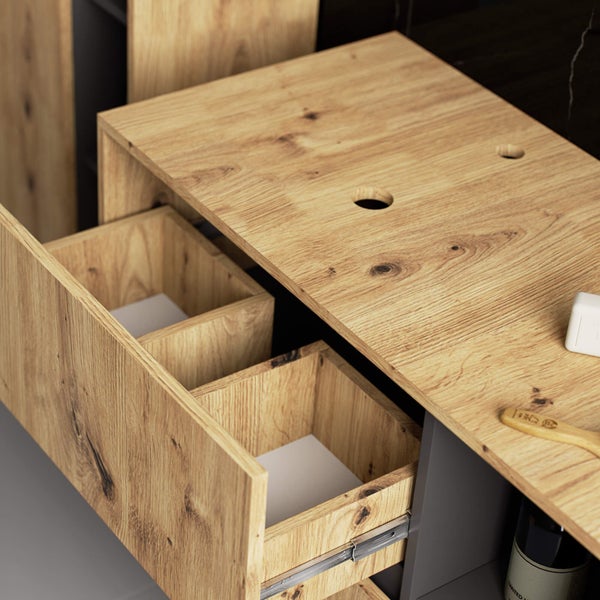 Waschtischunterschrank mit offenen Schubladen in Holzoptik für Badezimmer