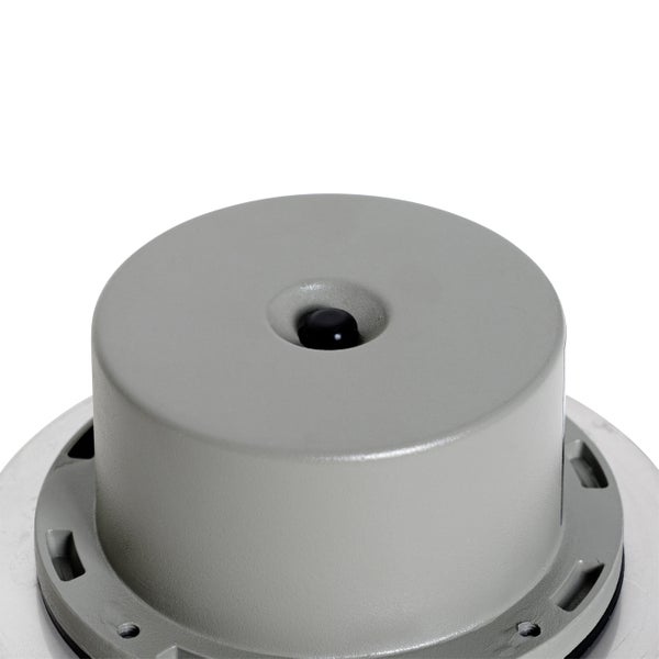 Rundes graues Gehäuse mit einem zentralen schwarzen Knopf und Befestigungslöchern am Sockel.